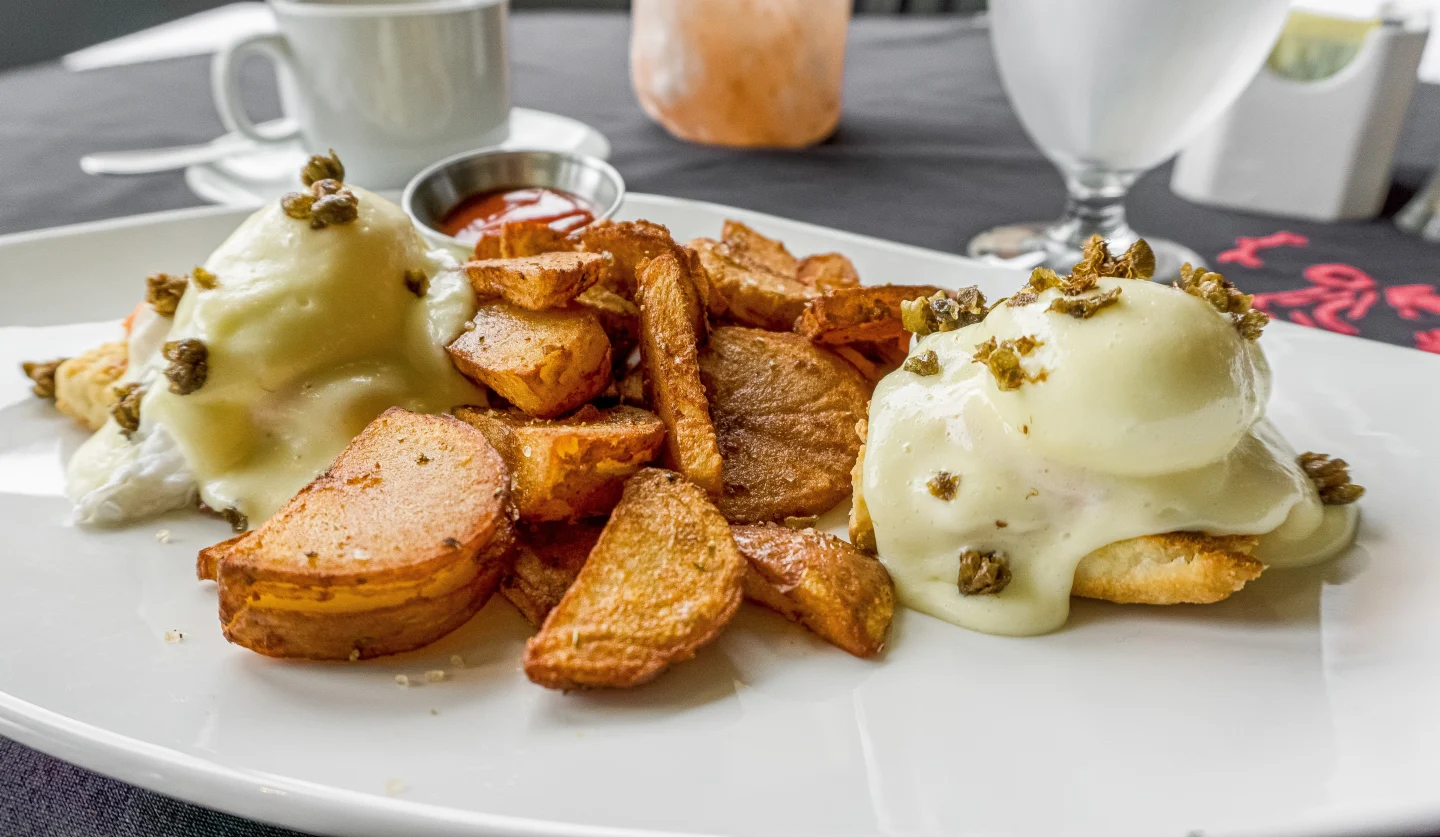 Smoked Salmon Eggs Benedict, Quaaout Lodge Resort and Spa, Shuswap BC