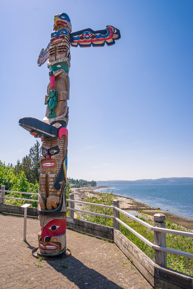 This totem pole stands at a viewpoint near Powell River, BC. 